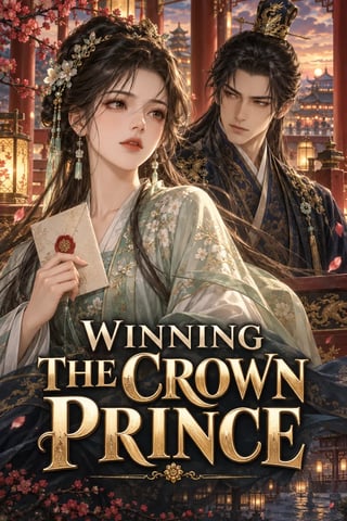 Winning the Crown Prince: a noblewoman and crown prince at a lantern-lit palace, with a large gold title